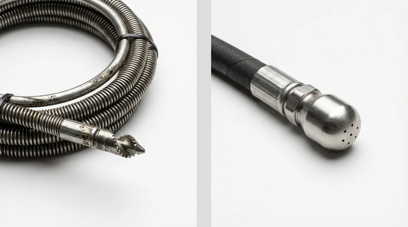 Drain snake cable and hydro jetting nozzle used for drain cleaning in Butler, IN