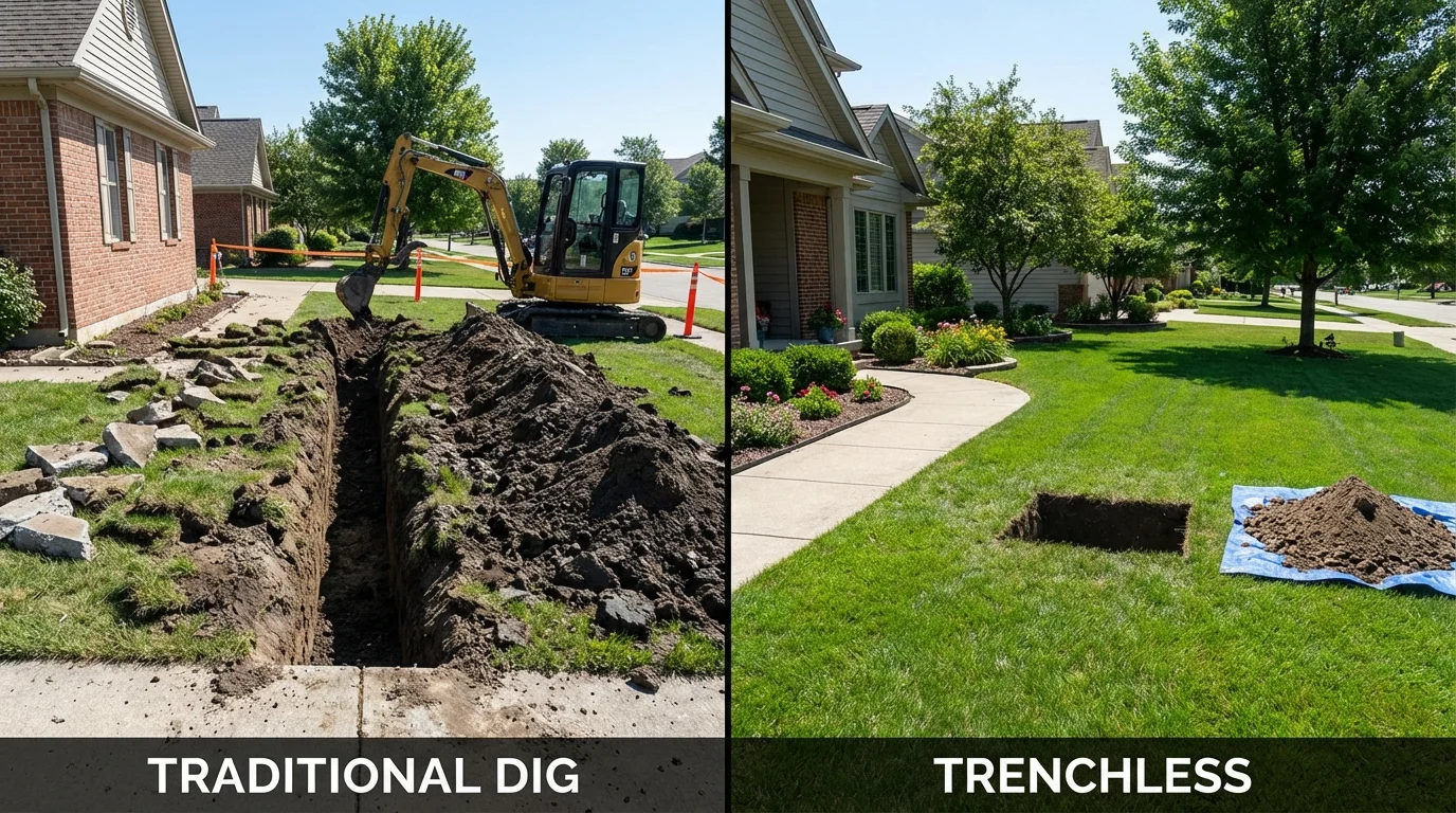 Trenchless sewer repair with minimal yard damage versus traditional excavation in Butler, IN