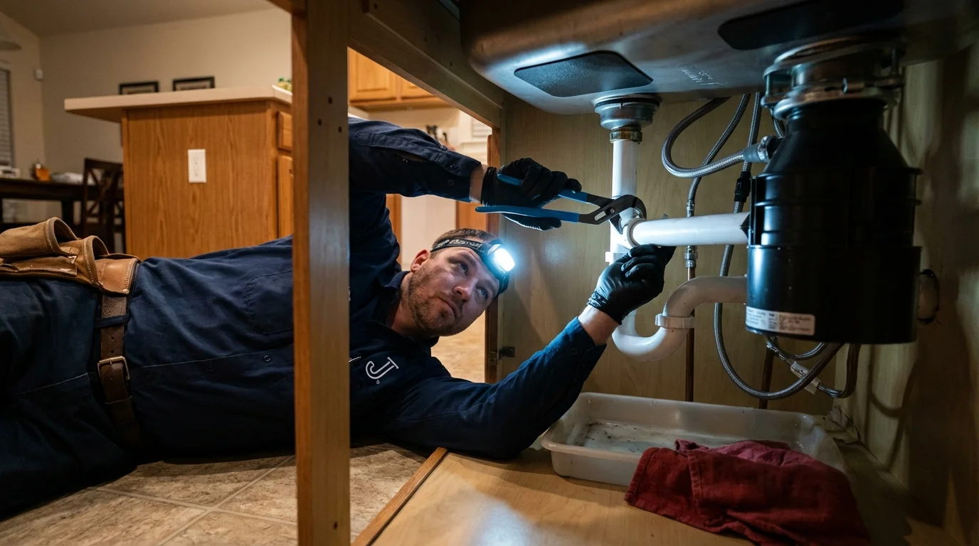 P-trap and supply line connections under a kitchen sink showing a common leak point in Butler, IN